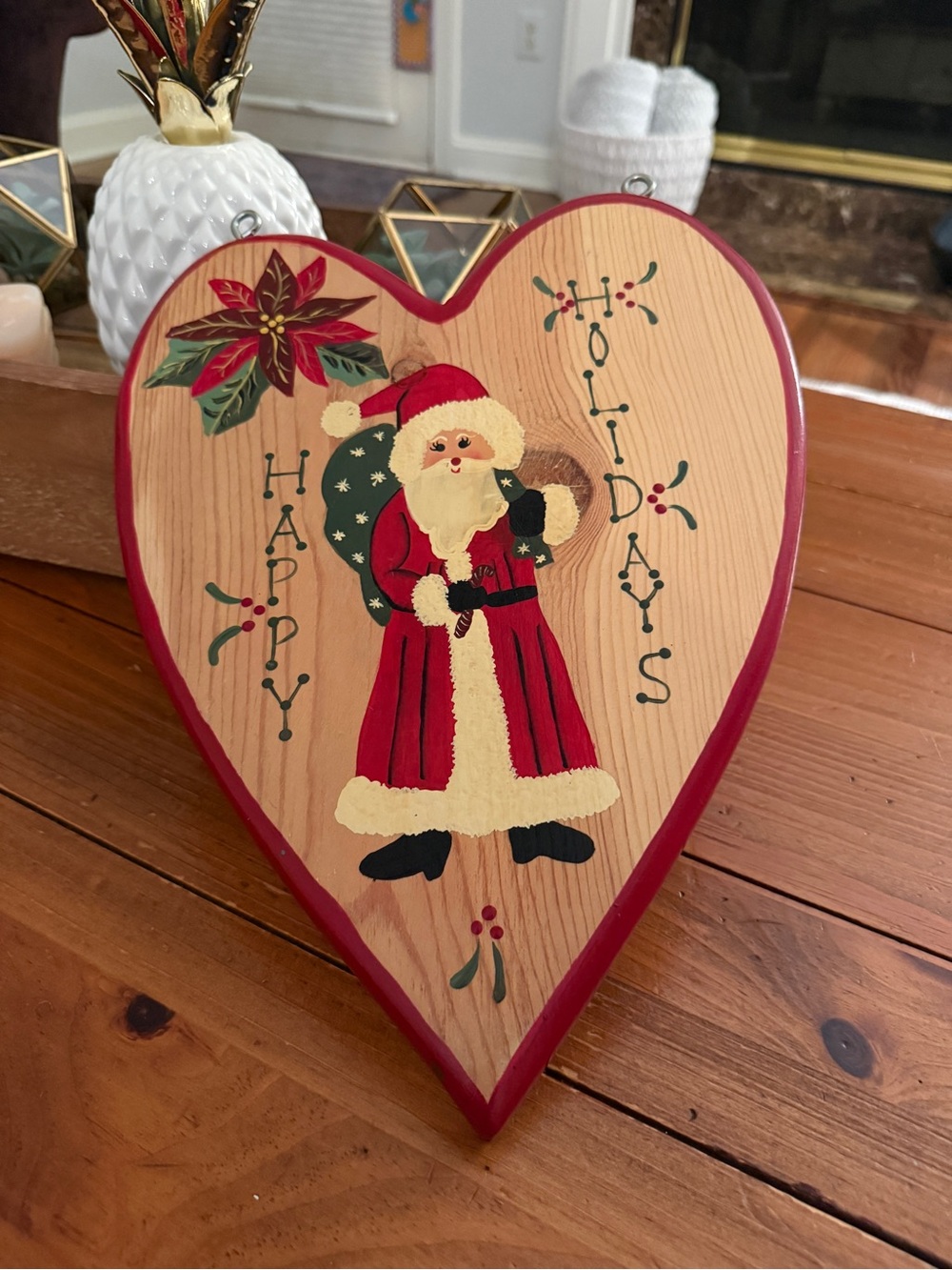Folk Art Happy Holidays Sign Santa Claus Solid Pine Hand Painted Christmas